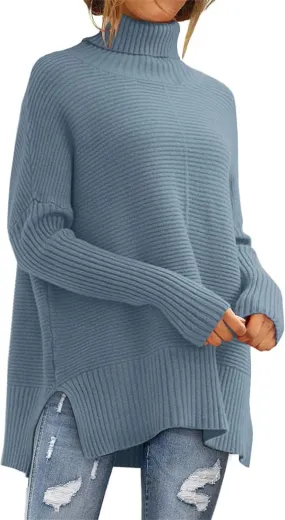 Women's Turtleneck Oversized Sweaters Split Hem Casual Knit Pullover Tops Fall Winter Outfits Fashion Sweaters