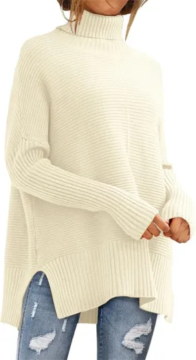 Women's Turtleneck Oversized Sweaters Split Hem Casual Knit Pullover Tops Fall Winter Outfits Fashion Sweaters
