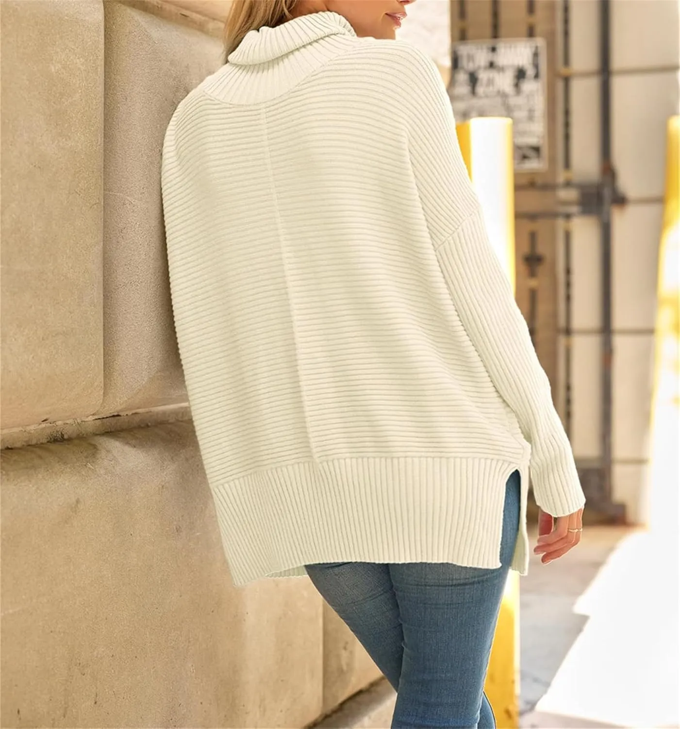 Women's Turtleneck Oversized Sweaters Split Hem Casual Knit Pullover Tops Fall Winter Outfits Fashion Sweaters