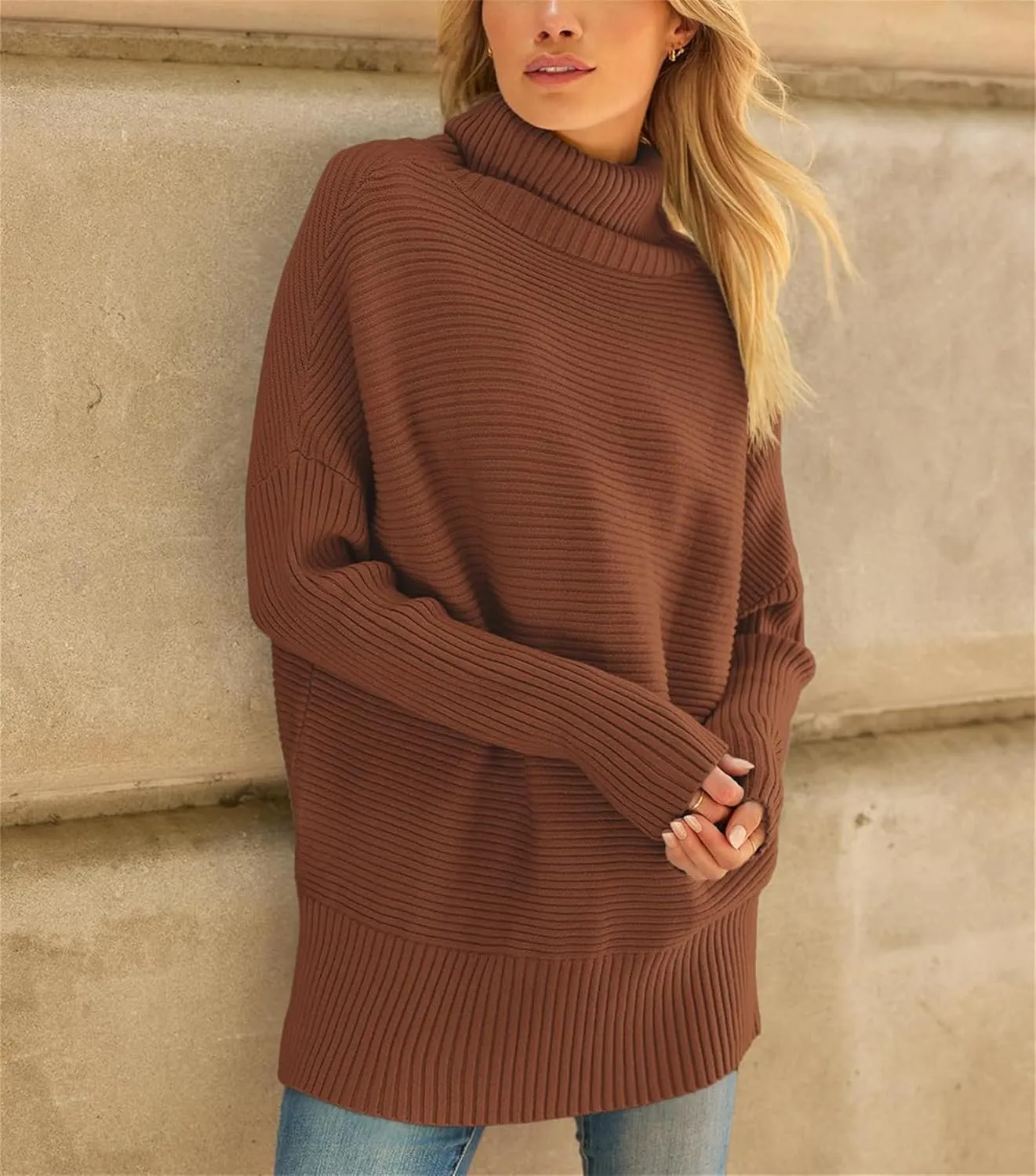 Women's Turtleneck Oversized Sweaters Split Hem Casual Knit Pullover Tops Fall Winter Outfits Fashion Sweaters