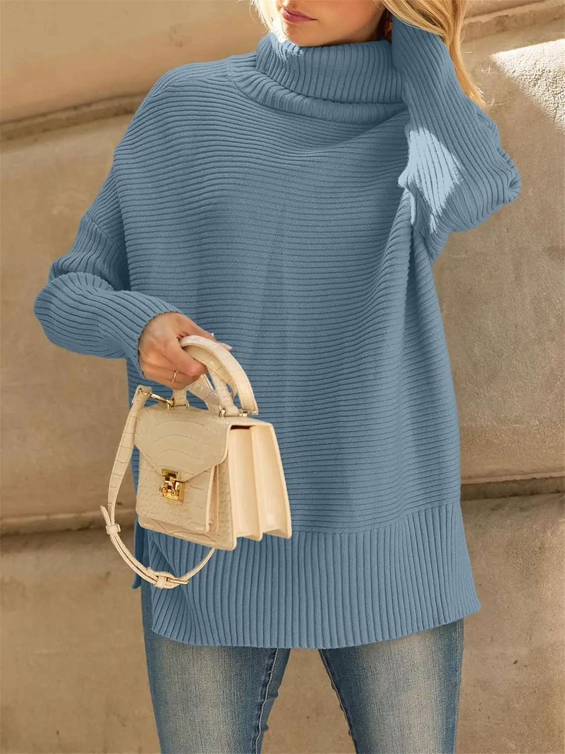 Women's Turtleneck Oversized Sweaters Split Hem Casual Knit Pullover Tops Fall Winter Outfits Fashion Sweaters