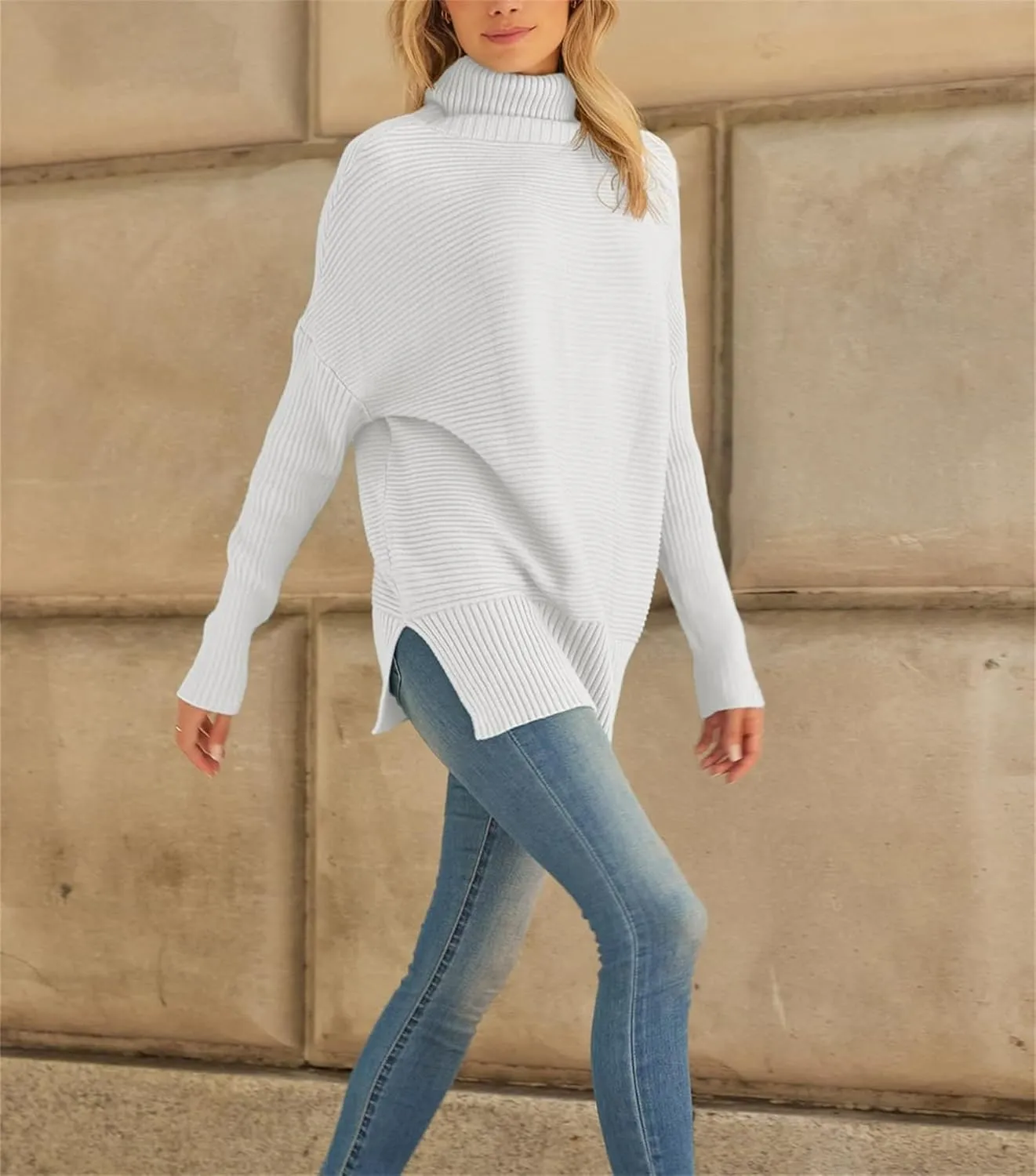 Women's Turtleneck Oversized Sweaters Split Hem Casual Knit Pullover Tops Fall Winter Outfits Fashion Sweaters