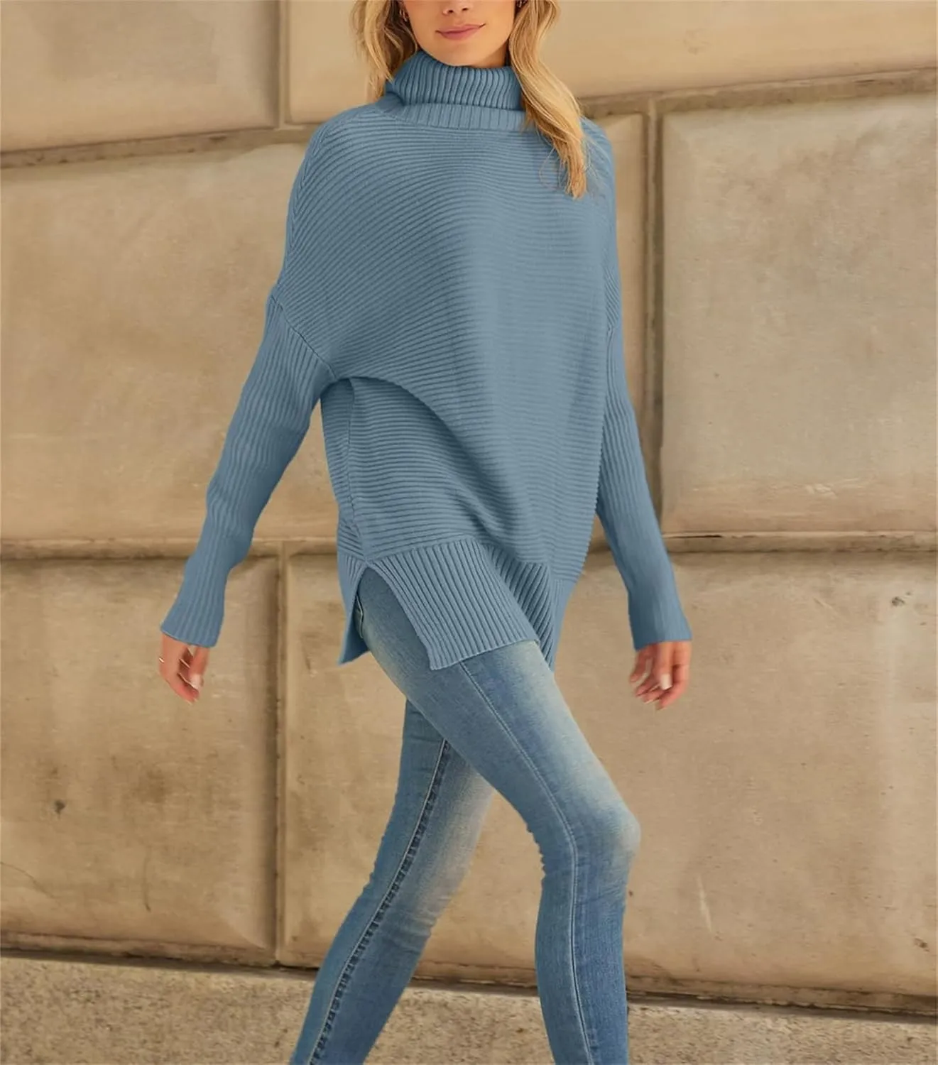 Women's Turtleneck Oversized Sweaters Split Hem Casual Knit Pullover Tops Fall Winter Outfits Fashion Sweaters
