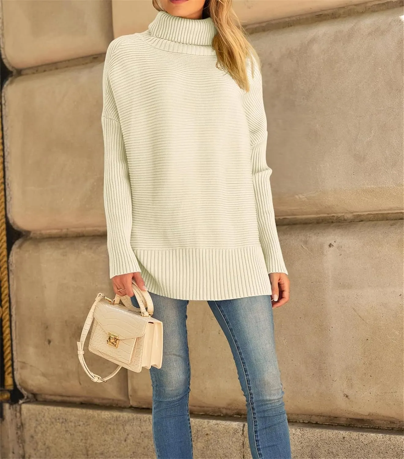 Women's Turtleneck Oversized Sweaters Split Hem Casual Knit Pullover Tops Fall Winter Outfits Fashion Sweaters