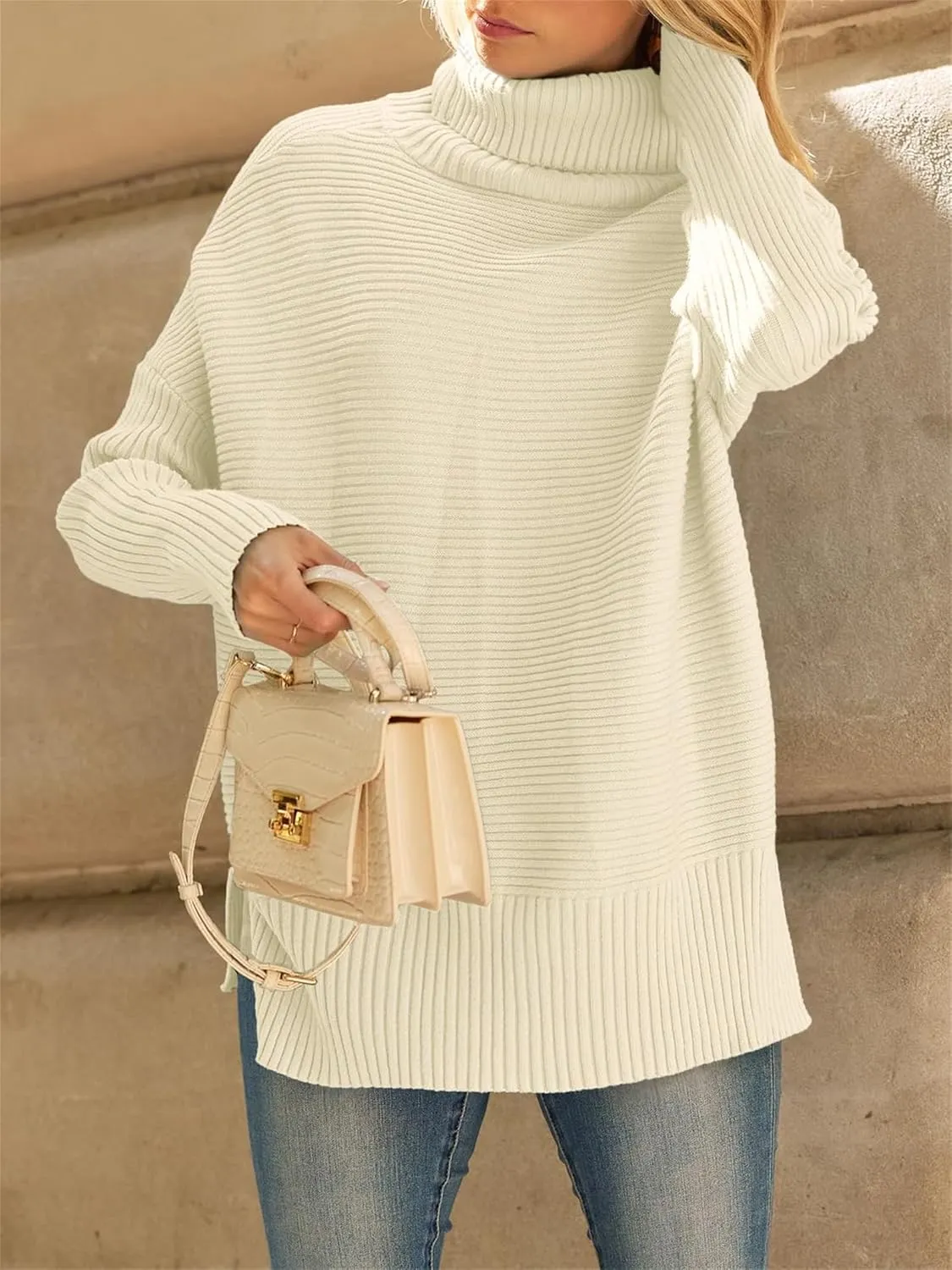 Women's Turtleneck Oversized Sweaters Split Hem Casual Knit Pullover Tops Fall Winter Outfits Fashion Sweaters