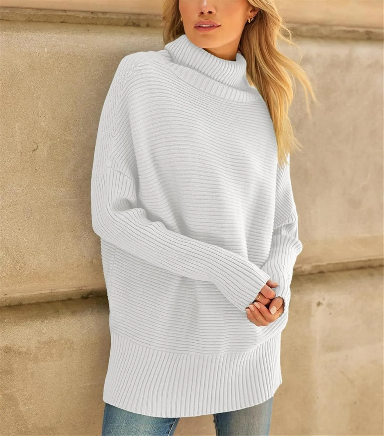 Women's Turtleneck Oversized Sweaters Split Hem Casual Knit Pullover Tops Fall Winter Outfits Fashion Sweaters