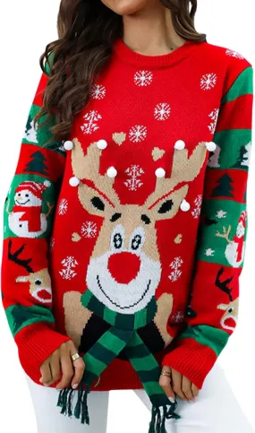 Women's Ugly Christmas Sweaters Warm Knitted Christmas Sweaters Crew Neck Holiday Pullovers Funny Xmas Tops