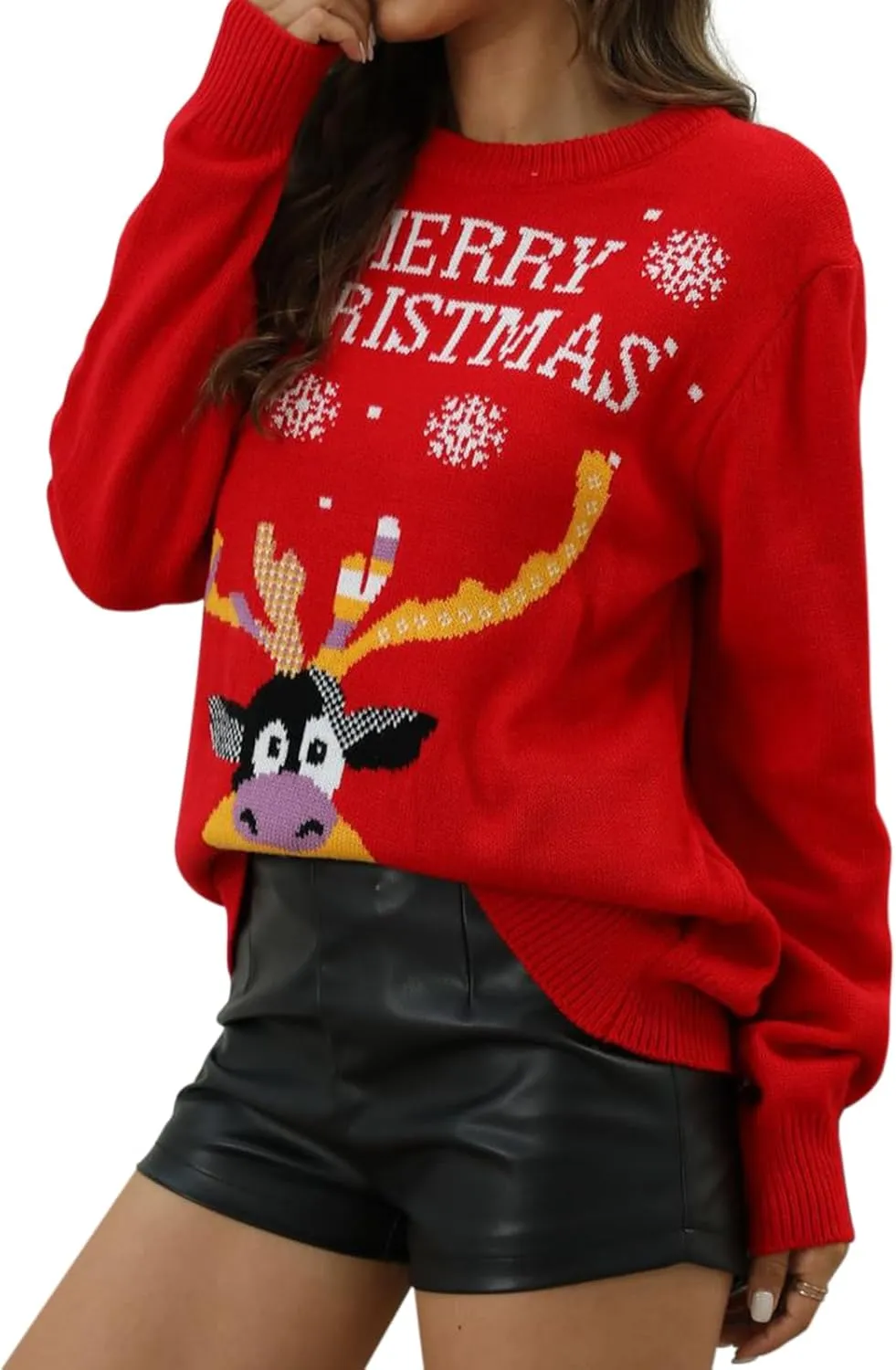 Women's Ugly Christmas Sweaters Warm Knitted Christmas Sweaters Crew Neck Holiday Pullovers Funny Xmas Tops