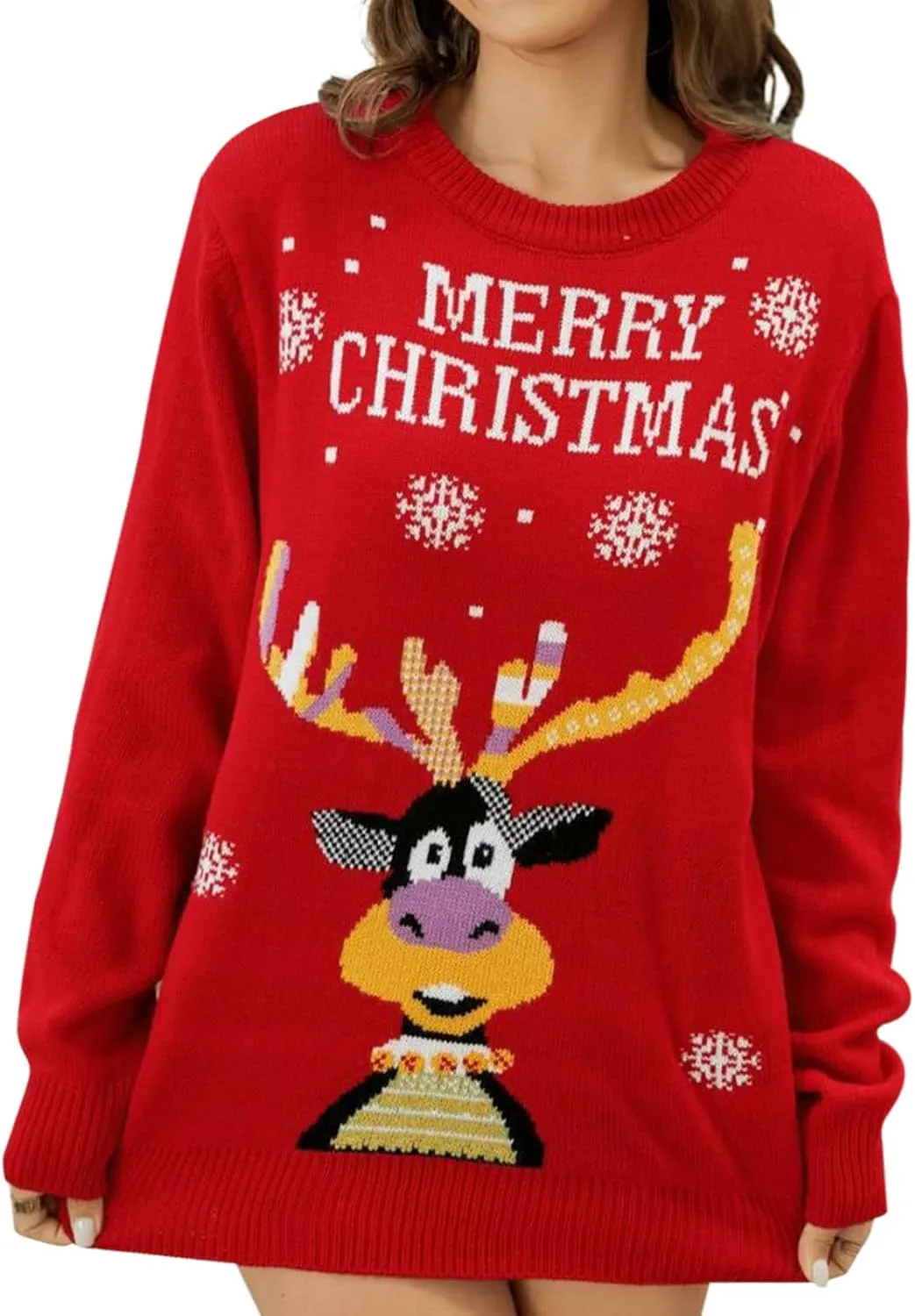Women's Ugly Christmas Sweaters Warm Knitted Christmas Sweaters Crew Neck Holiday Pullovers Funny Xmas Tops