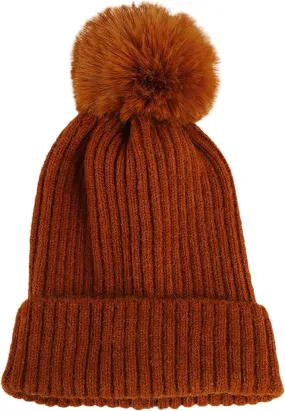 Womens Winter Beanie Hat Fleece Lined Faux Furry Pompom Knitted Warm Beanie for Women Warm and Knit Hat