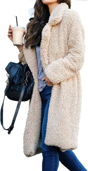 Women's Winter Fuzzy Fleece Long Coats Lapel Teddy Coat Button Down Sherpa Cardigan Warm Faux Fur Jackets with Pockets