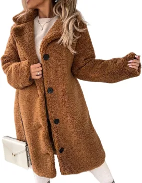 Women's Winter Fuzzy Fleece Long Coats Lapel Teddy Coat Button Down Sherpa Cardigan Warm Faux Fur Jackets with Pockets