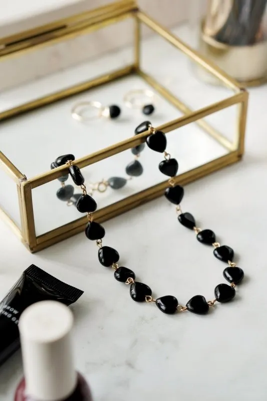 Xander Kostroma Gold Tone Black Obsidian Crystal Heart Choker Necklace – 14k Gold Plated, Healing Stone Jewelry, 35cm   extendable, Ideal for Self-Love & Protection