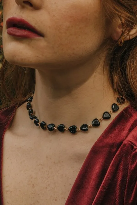 Xander Kostroma Gold Tone Black Obsidian Crystal Heart Choker Necklace – 14k Gold Plated, Healing Stone Jewelry, 35cm   extendable, Ideal for Self-Love & Protection