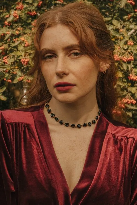 Xander Kostroma Gold Tone Black Obsidian Crystal Heart Choker Necklace – 14k Gold Plated, Healing Stone Jewelry, 35cm   extendable, Ideal for Self-Love & Protection